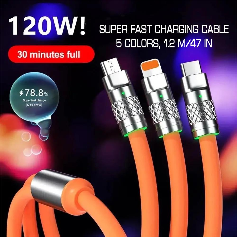 Picture of 120W Zinc Alloy Super Fast Charging Cable For iPhone Lightning Samsung Type C Micro USB Cord 1.2m/47in